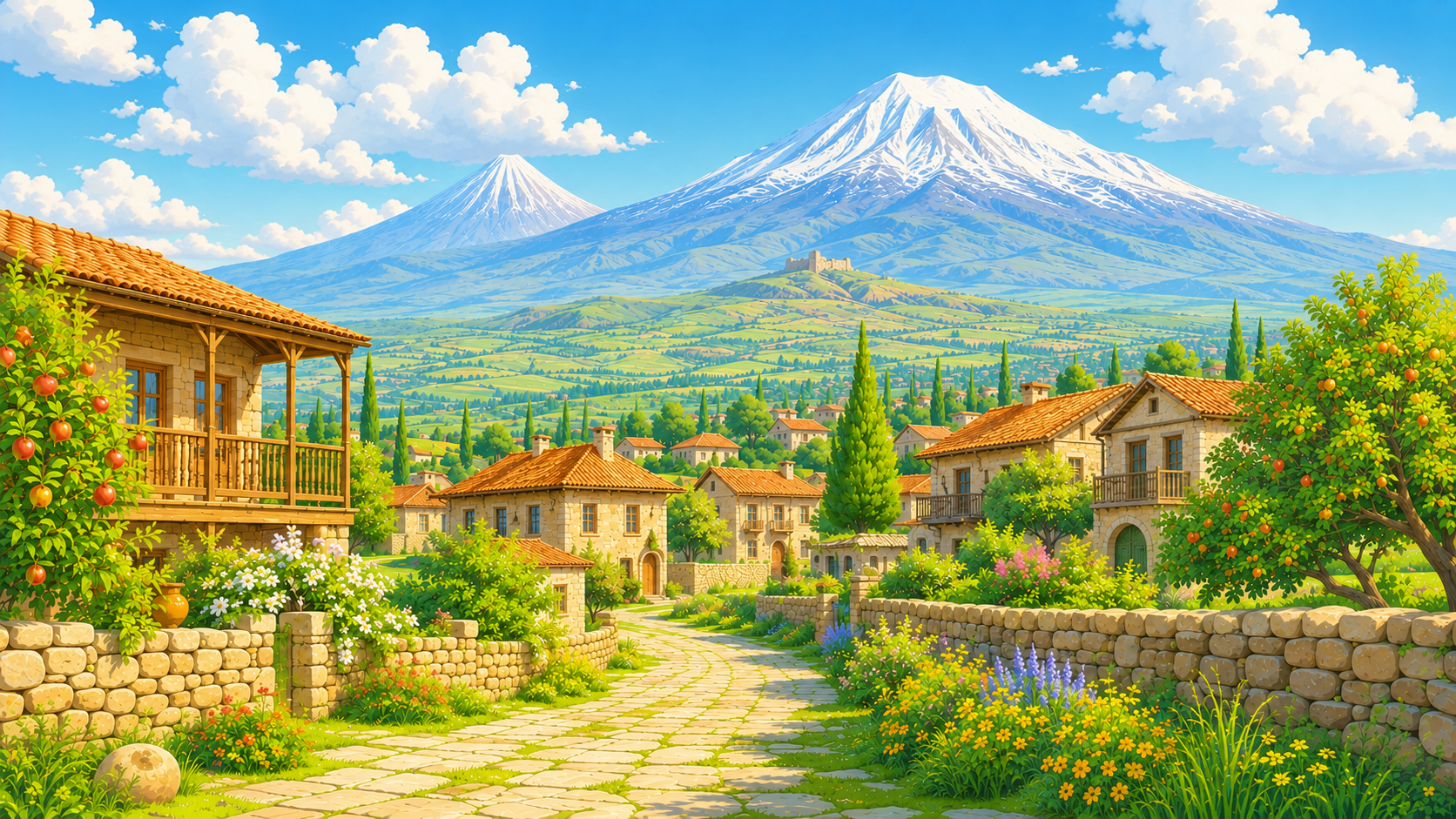 Sunny village courtyard with stone arches, running stream fountain, and apricot blossoms