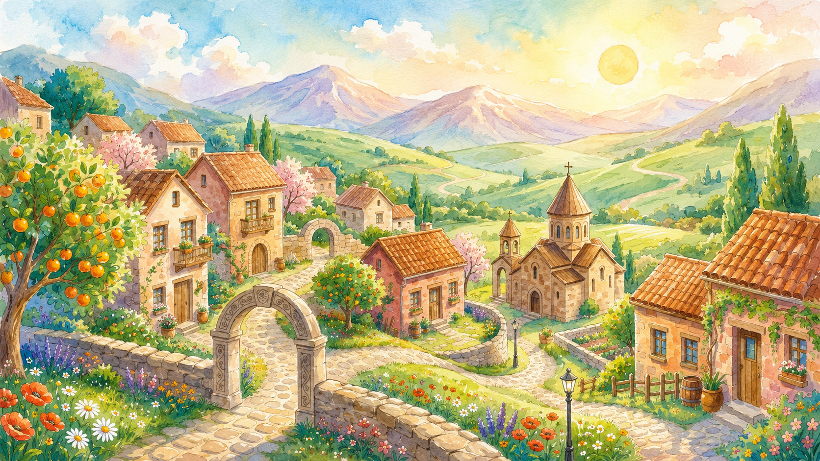Illustrated panorama of the sunny Armenian village with pink tufa homes and apricot orchards